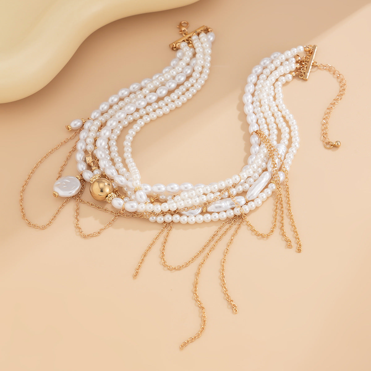 Multi Pearl Layer Link Chain 18K Gold Choker Necklace For Women Bulk