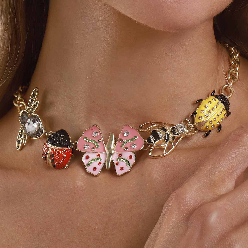 Multi Color Trendy Insect Charm Gold Enamel Necklace Earring Set Bulk