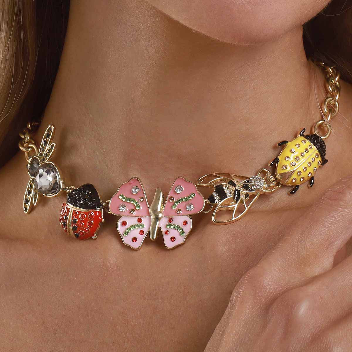 Multi Color Trendy Insect Charm Gold Enamel Necklace Earring Set Bulk