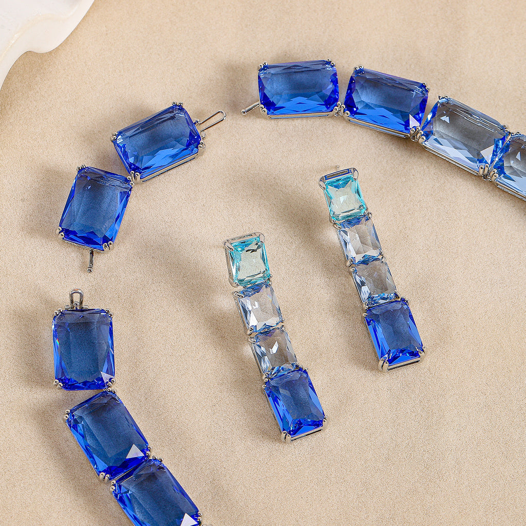Blue White Rectangular Cut Silver CZ Copper Necklace Earring Set Bulk