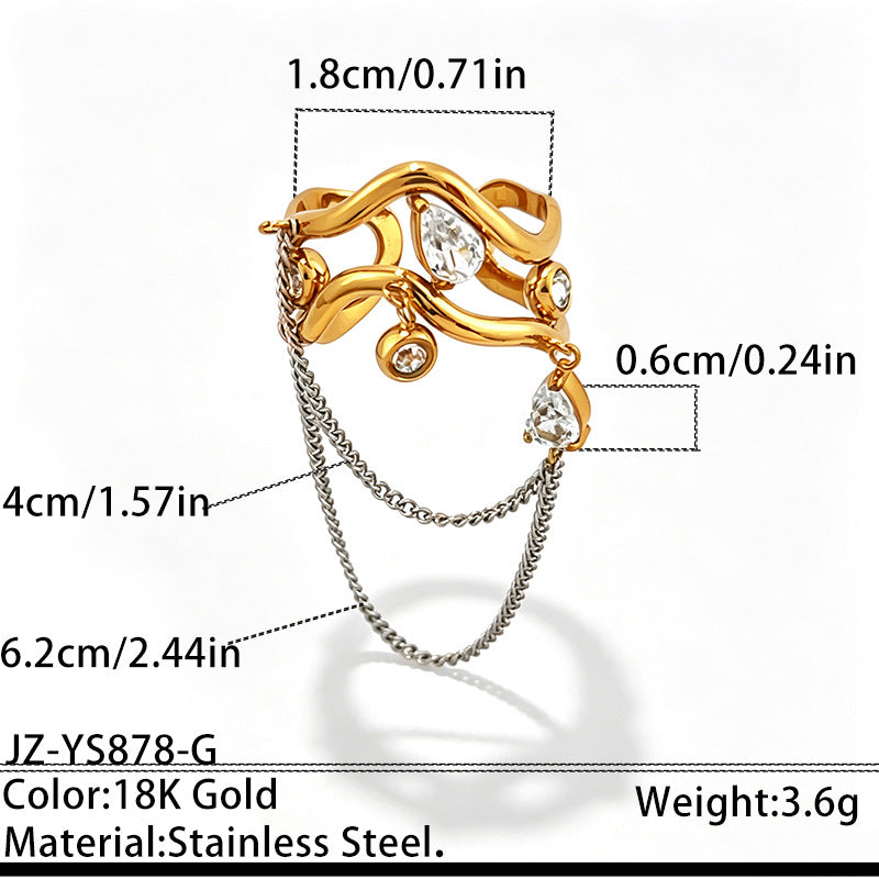 Dual Tone Gold Silver CZ Crystal Chain Stainless Steel Cocktail Ring Bulk