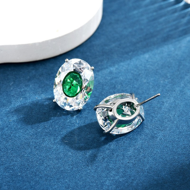Luxury Emerald Green Oval CZ Silver Plated Copper Stud Earrings Bulk