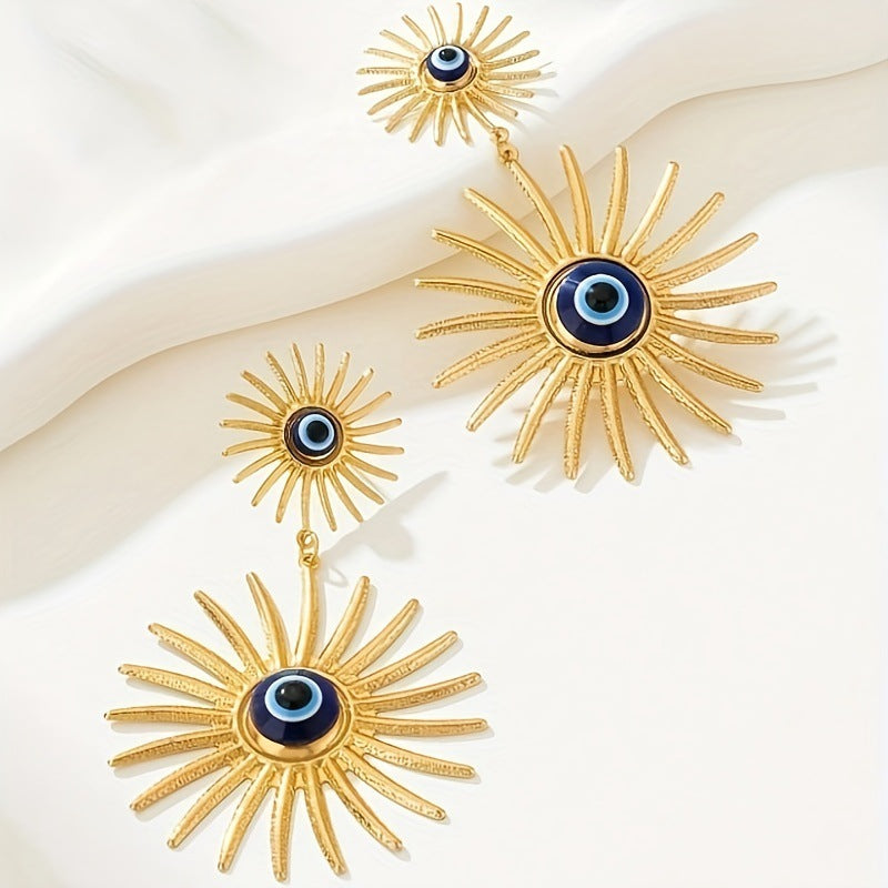 Dual Sun Flower Evil Eye 18K Gold Dangler Earring For Women Bulk
