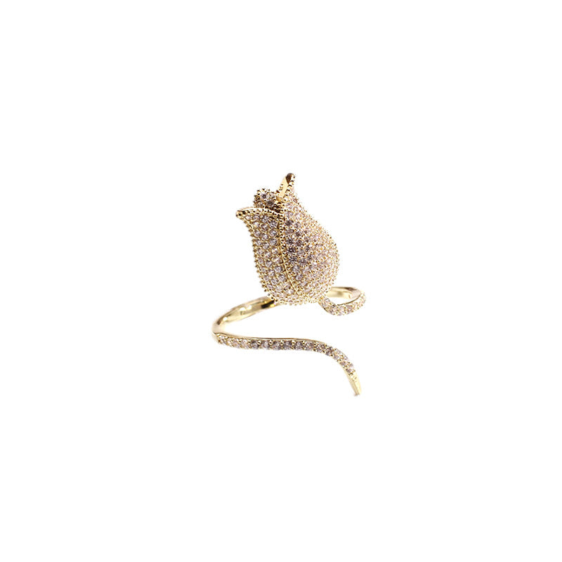 Tulip 18K Gold Plated Blue White Black Purple Sparkling Pave Crystals Anti Tarnished Free Size Ring For Women