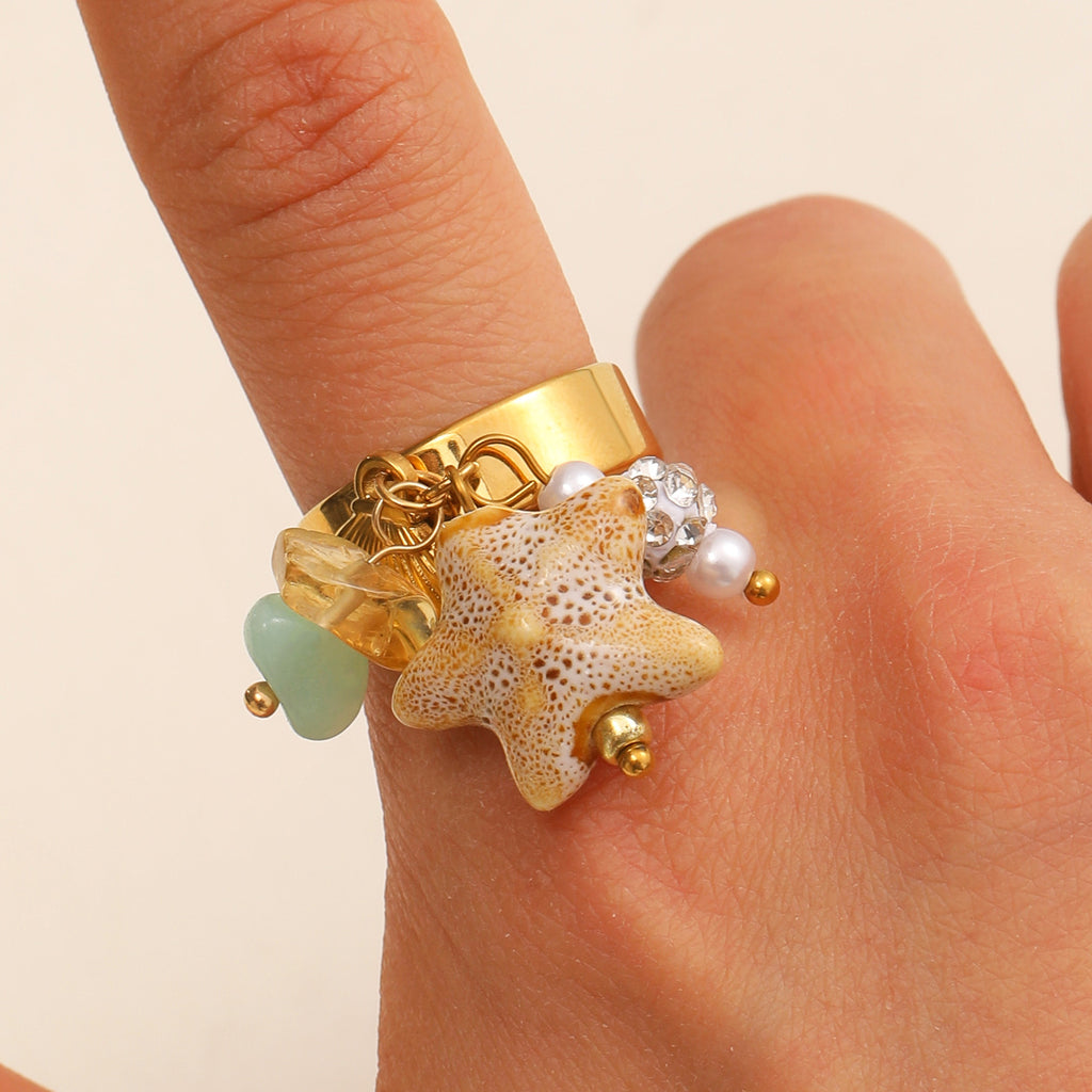 Beach Style Shell & Starfish Charm Gold Beads Pearl Copper Ring Bulk