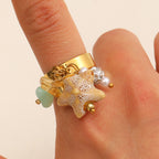 Beach Style Shell & Starfish Charm Gold Beads Pearl Copper Ring Bulk