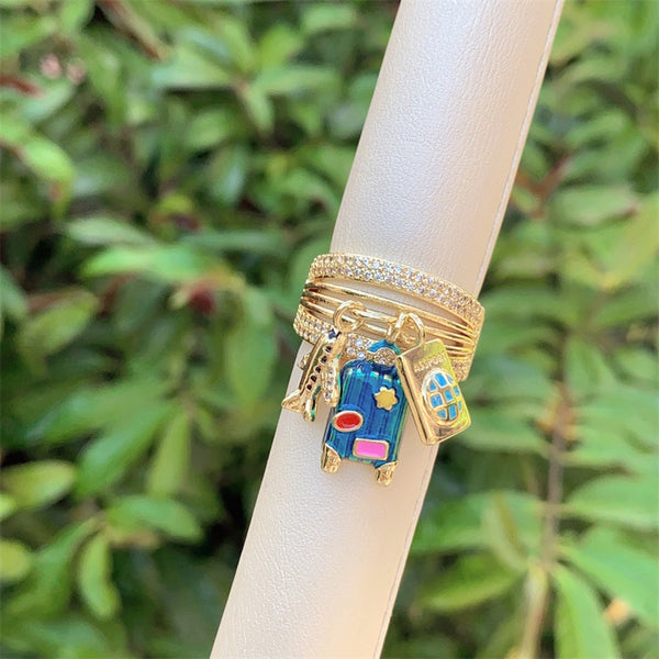 Blue Travel Charm Gold Enamel Copper Adjustable Ring For Women Bulk Main image
