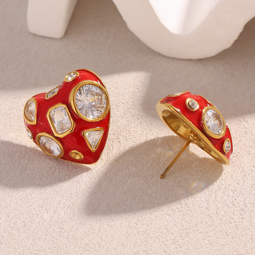 Heart Red 18K Gold Cubic Zirconia Stainless Steel Stud Earring Bulk