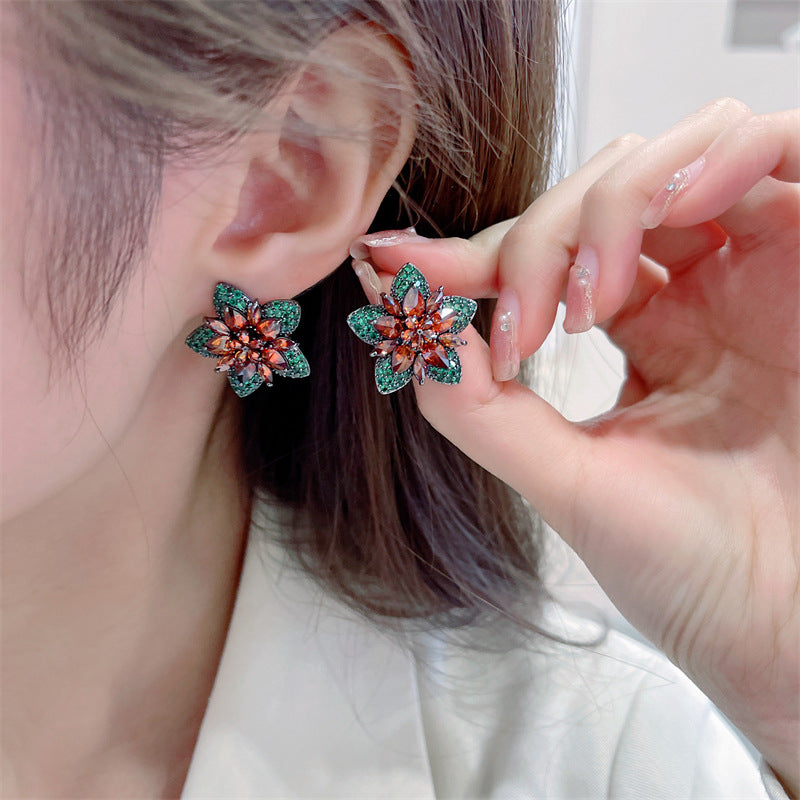 Floral Star Flower Black Green Pink Cubic Zirconia Crystal Anti Tarnish Stud Earring For Women