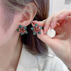 Floral Star Flower Black Green Pink Cubic Zirconia Crystal Anti Tarnish Stud Earring For Women