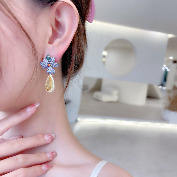 Floral Flower 18K Gold Plated Blue Yellow Pink Crystals Copper Drop Dangler Earrings For Women Secondary image