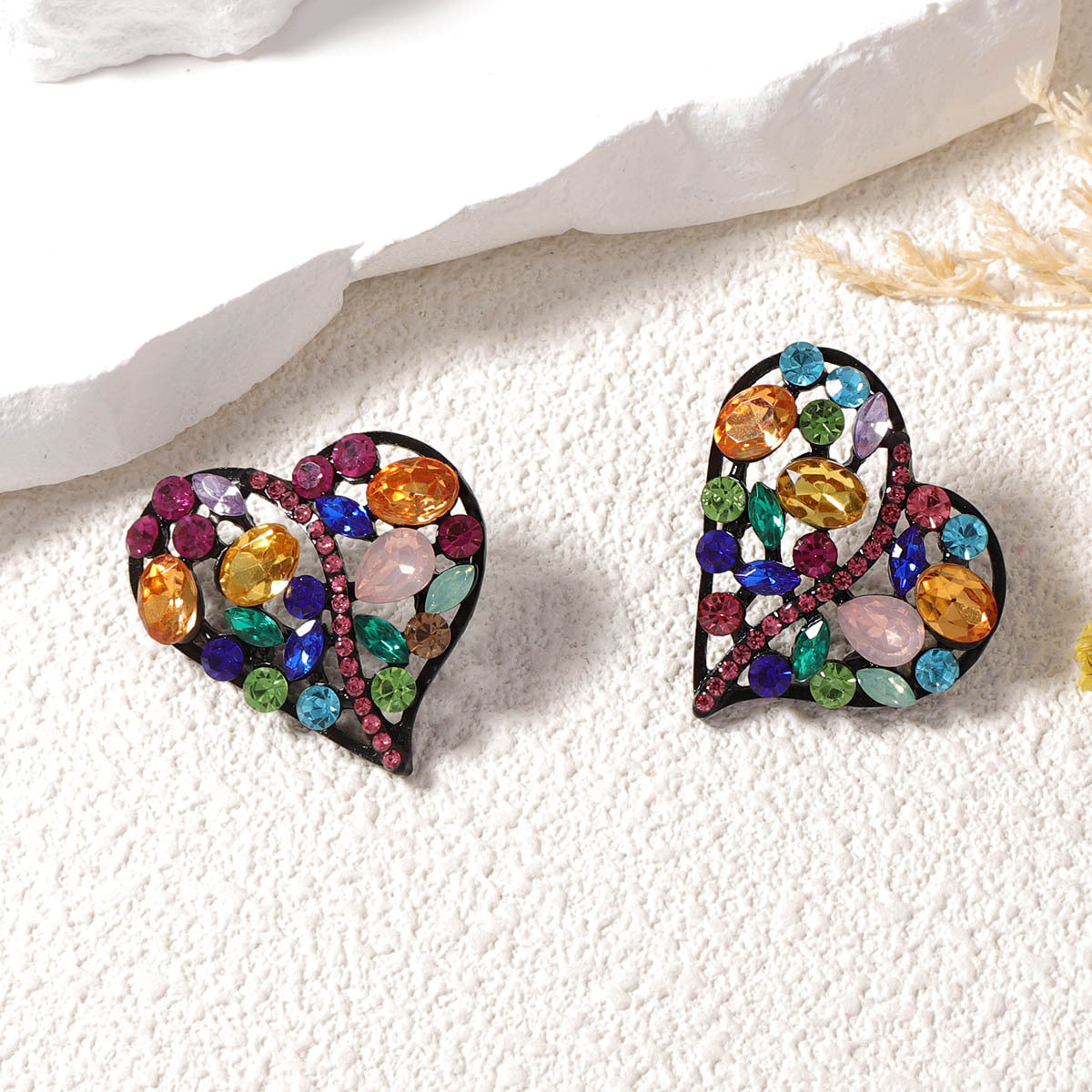 Rainbow Heart Love Black Crystal Multi Gemstone Stud Earring Bulk