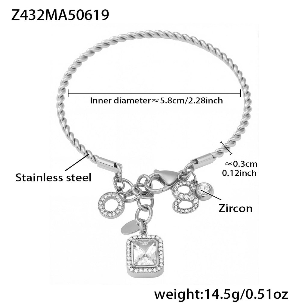 Square Solitaire 18K Gold Silver Cubic Zirconia Stainless Steel Charm Bracelet Kada For Women