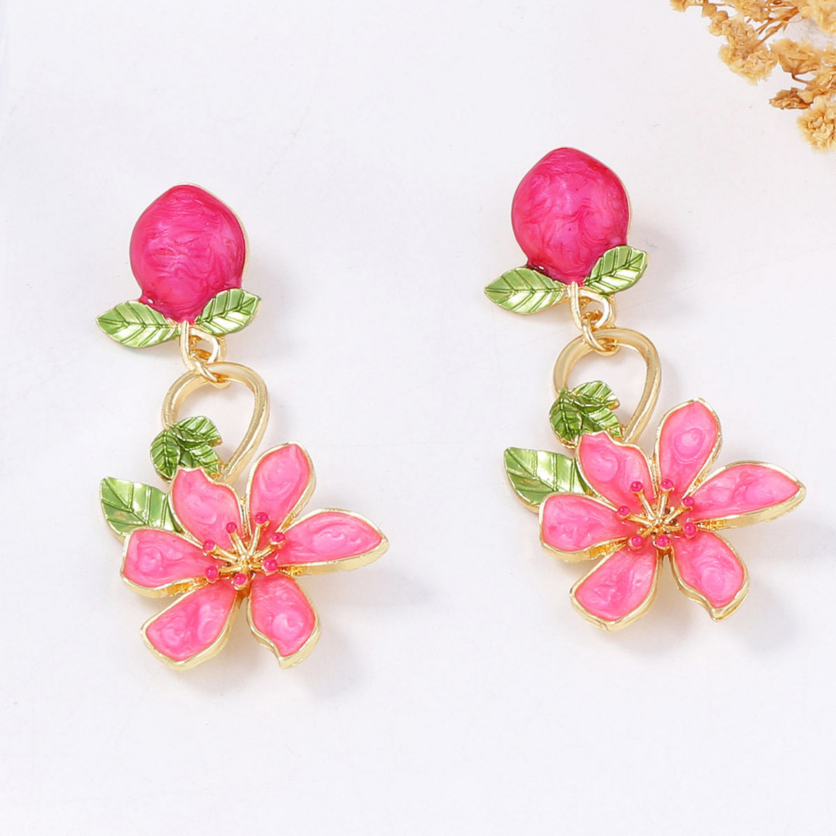Orange Pink Flower Gold Plated Enamel Dangler Earrings For Women Bulk