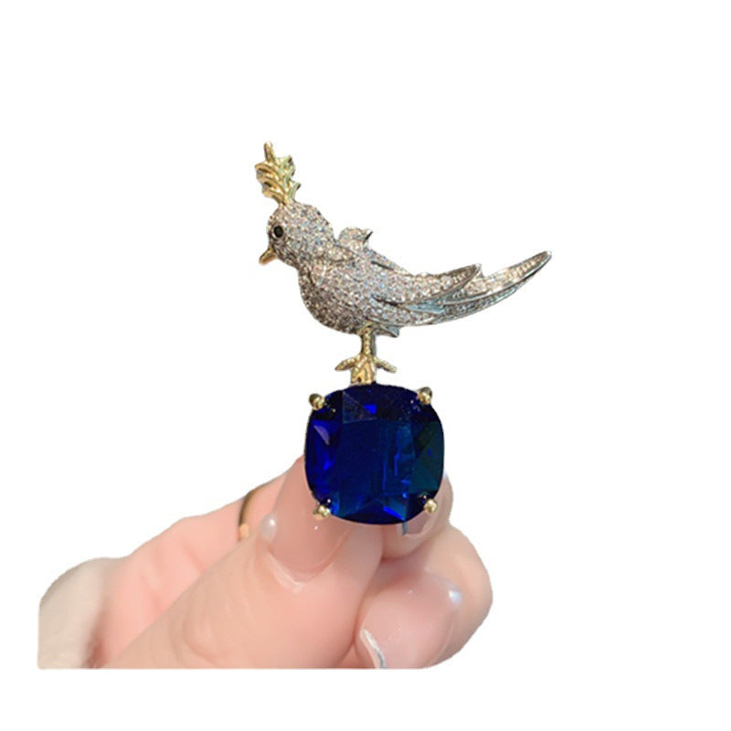 Bird On Blue Solitaire Cubic Zirconia Silver Brooch For Women Bulk