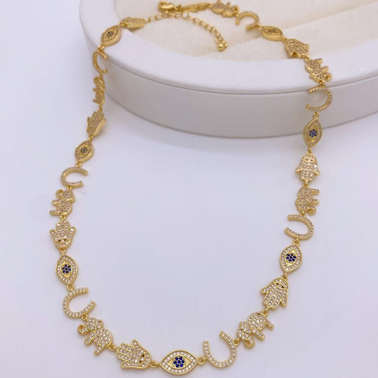 Evil Eye Hamsa Elephant 18K Gold Silver CZ Anti Tarnish Necklace Bulk