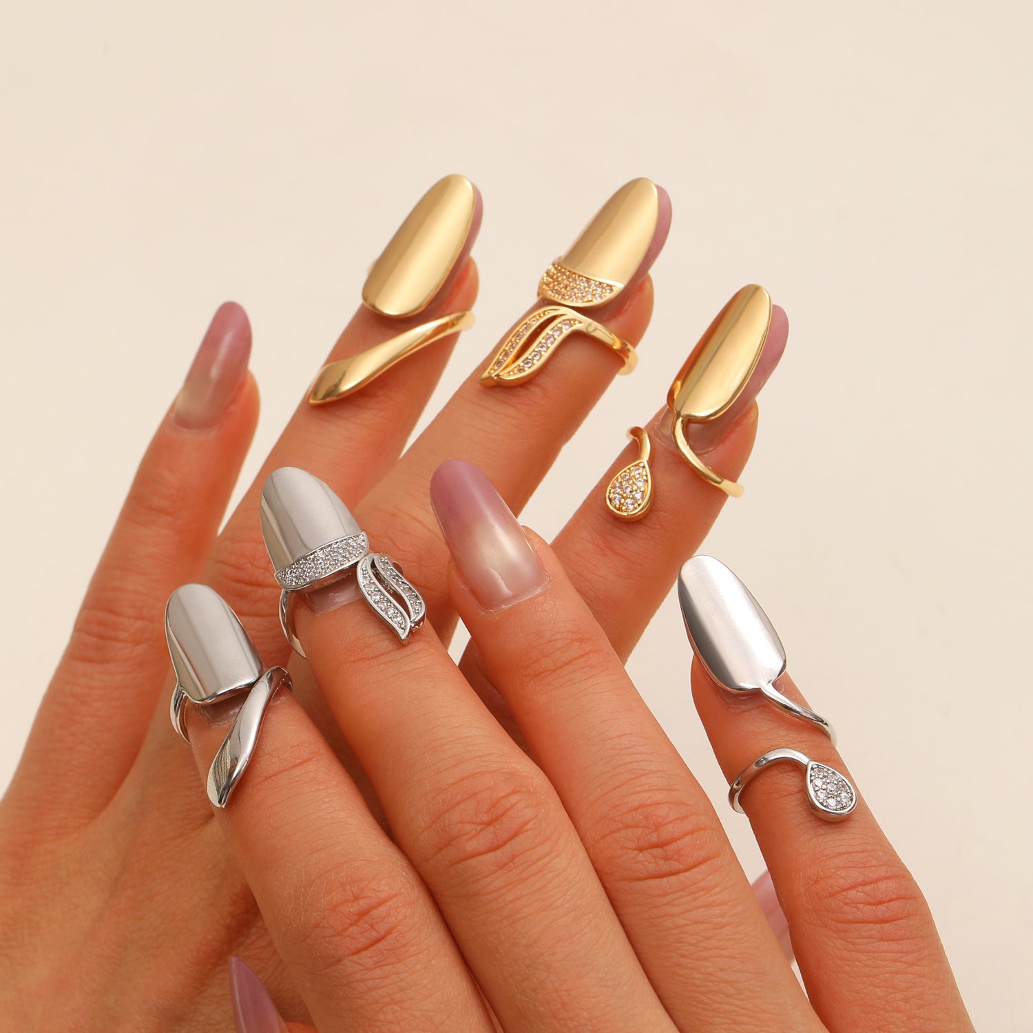 Modern Nail Style Gold Silver CZ Copper Anti Tarnish Combo Ring Bulk Main image