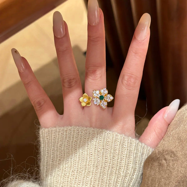 Gold Flower Cubic Zirconia Copper Anti Tarnish Adjustable Ring Women Bulk Main image