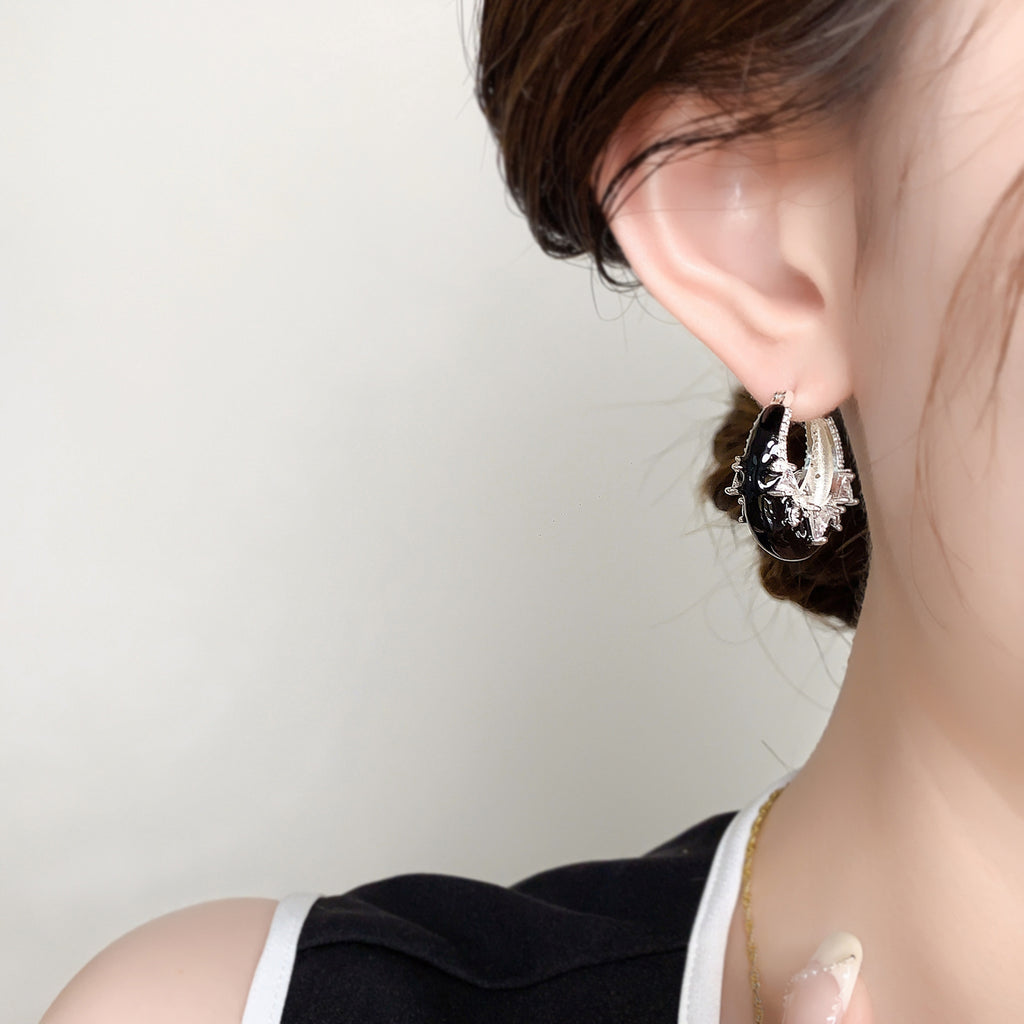 Solitaire Enamel Black 18K Gold Silver Anti Tarnish Hoop Earring Bulk
