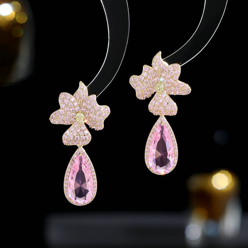 Floral Flower 18K Gold Plated Blue Yellow Pink Crystals Copper Drop Dangler Earrings For Women