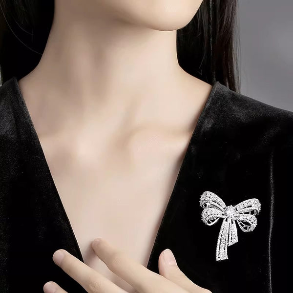 Silver Bow Cubic Zirconia Copper Anti Tarnish Brooch For Women Bulk Main image