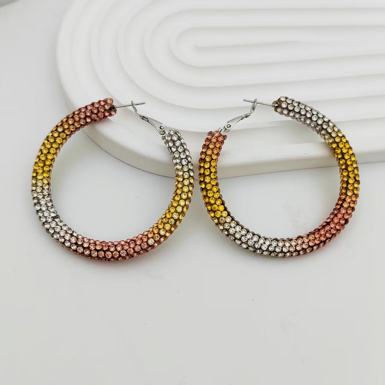 Multi Color High-Shine Gradient Crystal Silver CZ Hoop Earrings Bulk