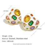 Heart Oval 18K Gold CZ Enamel Stainless Steel Stud Earring Pair Bulk