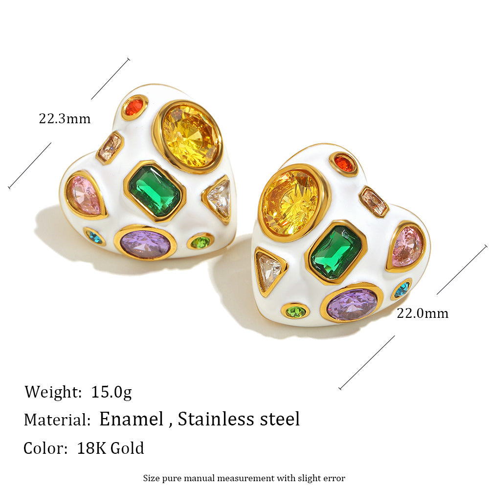 Heart Oval 18K Gold CZ Enamel Stainless Steel Stud Earring Pair Bulk