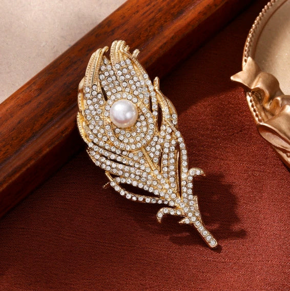 White & Multi Color Peacock Feather Gold CZ Copper Brooch For Women Bulk
