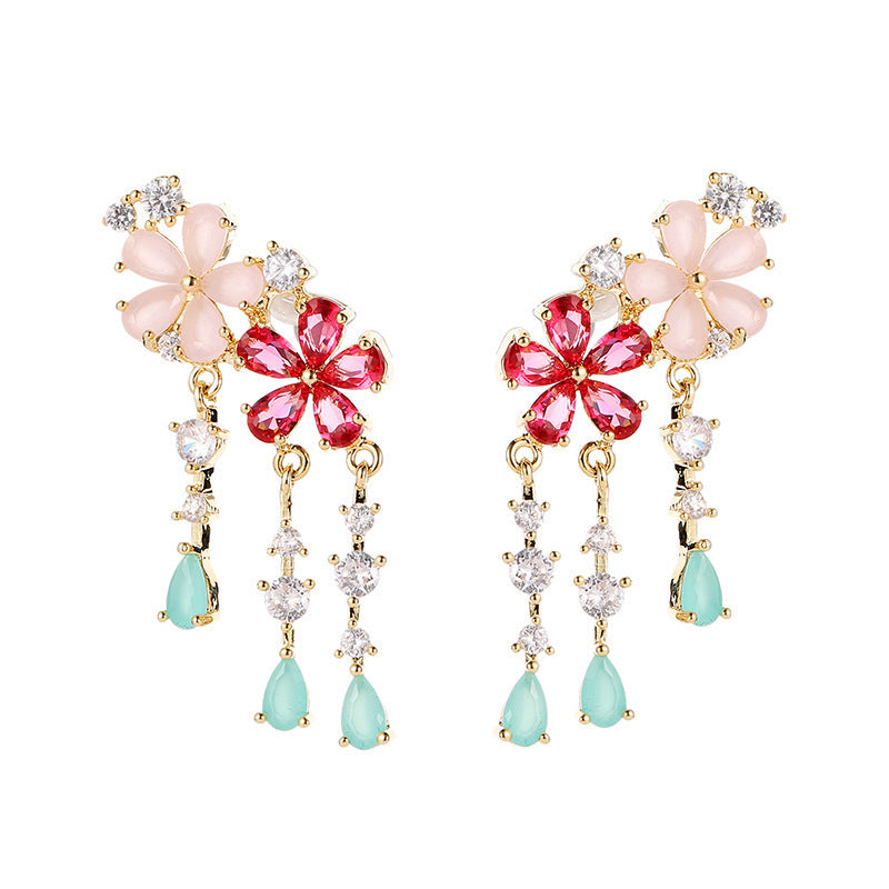 Floral Flower 18k Gold Plated Pink Red Crystals Cubic Zirconia Anti Tarnish Dangler Earrings For Women