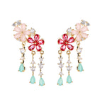 Floral Flower 18k Gold Plated Pink Red Crystals Cubic Zirconia Anti Tarnish Dangler Earrings For Women