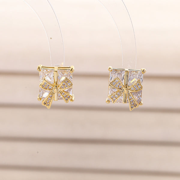 White Sparkling Bowknot Gold CZ Anti Tarnish Copper Stud Earrings Bulk Secondary image
