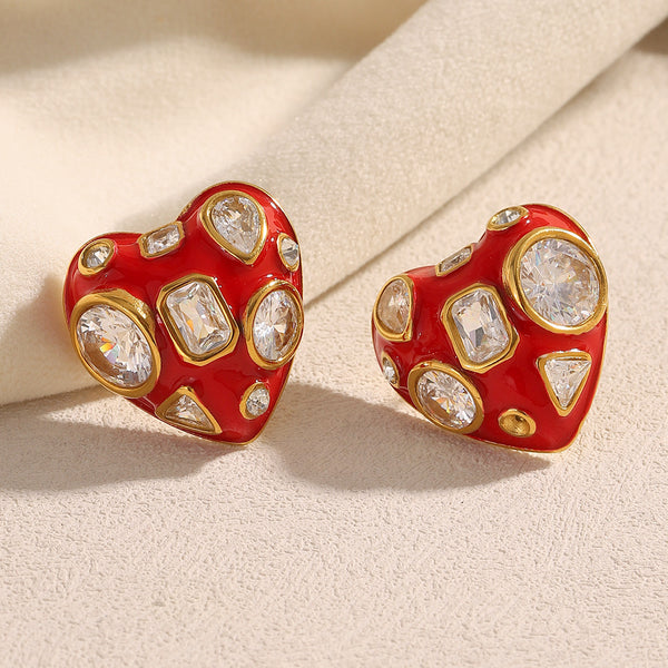 Heart Red 18K Gold Cubic Zirconia Stainless Steel Stud Earring Bulk Main image
