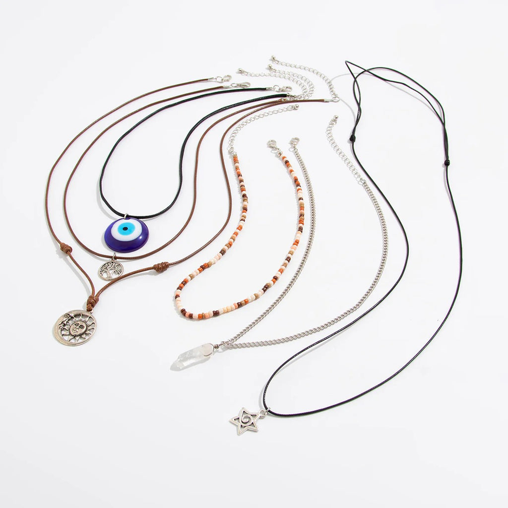 Star Moon Evil Eye Beads Silver Layer Necklace Pendant Chain Bulk