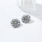 White Designer Floral Cluster Black Rhinestone Alloy Stud Earrings Bulk