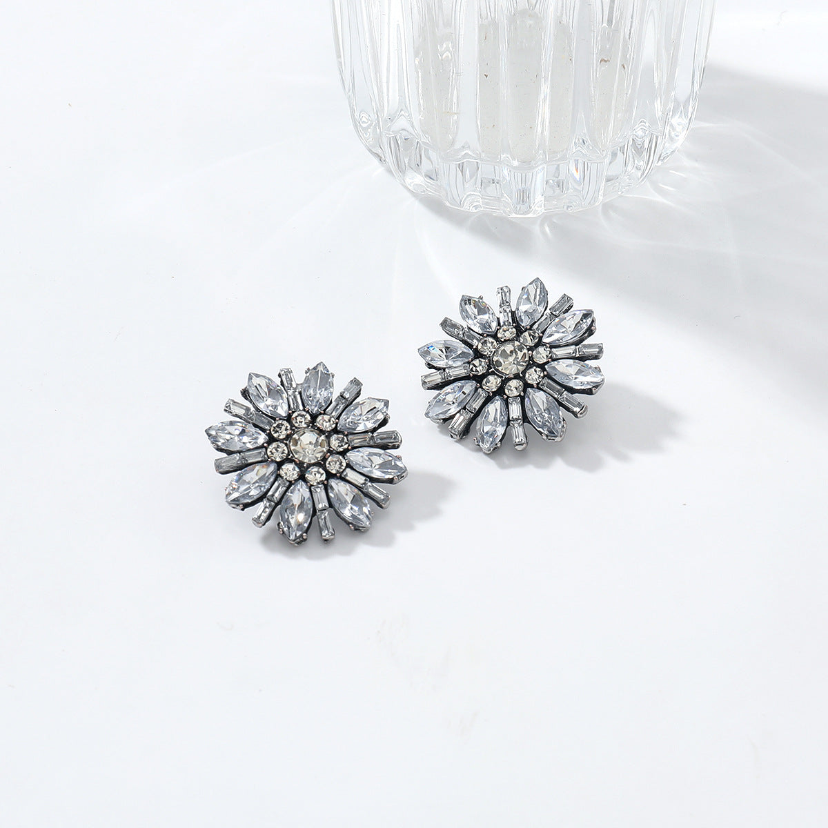 White Designer Floral Cluster Black Rhinestone Alloy Stud Earrings Bulk