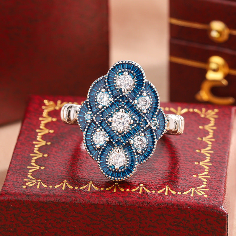 Designer Blue Floral Silver CZ Copper Anti Tarnish Cocktail Ring Bulk