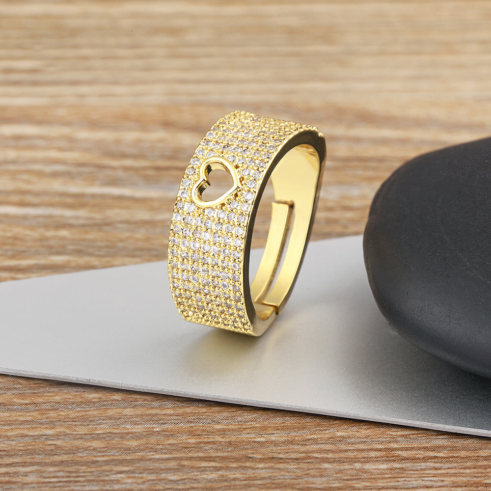 Designer Heart Pave Wide Band Gold CZ Copper Adjustable Fancy Ring Bulk