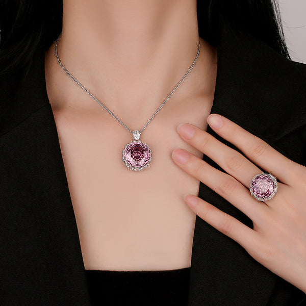 Rose Cut Dream Green Pink Silver Anti Tarnish Green Pendant Ring Set For Women Secondary image