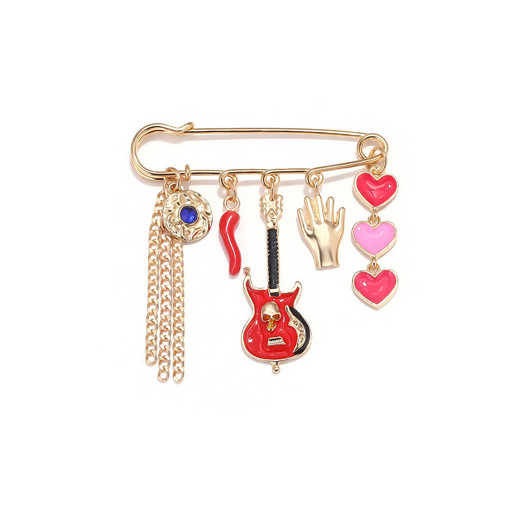 Multi Color Safety Pin Guitar Heart Charm Gold Brooch For Women Bulk