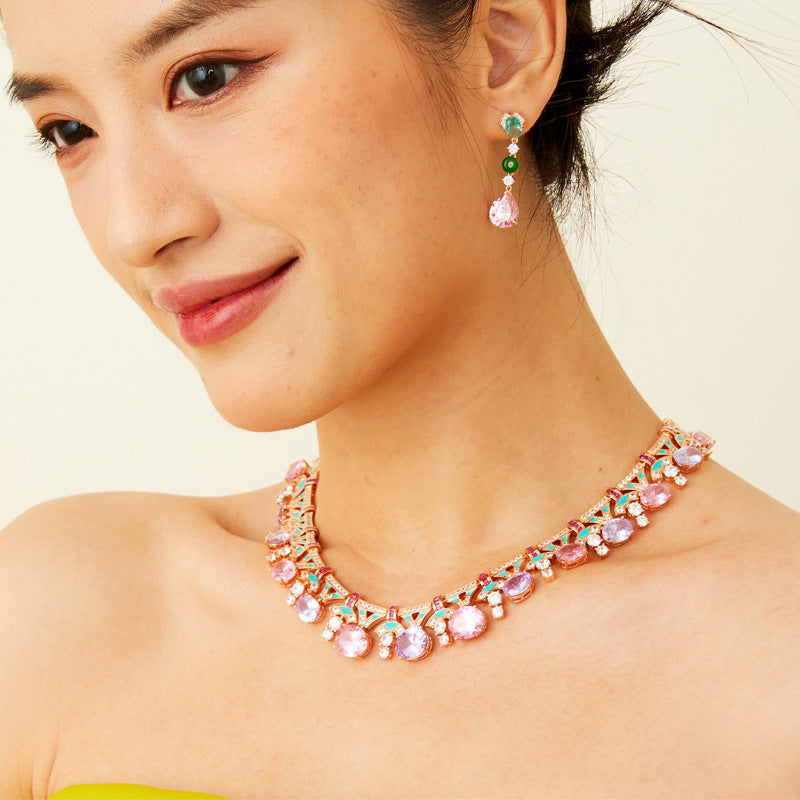 Multi Gemstone Solitaire Pink Purple Necklace Earring For Women Bulk Secondary image