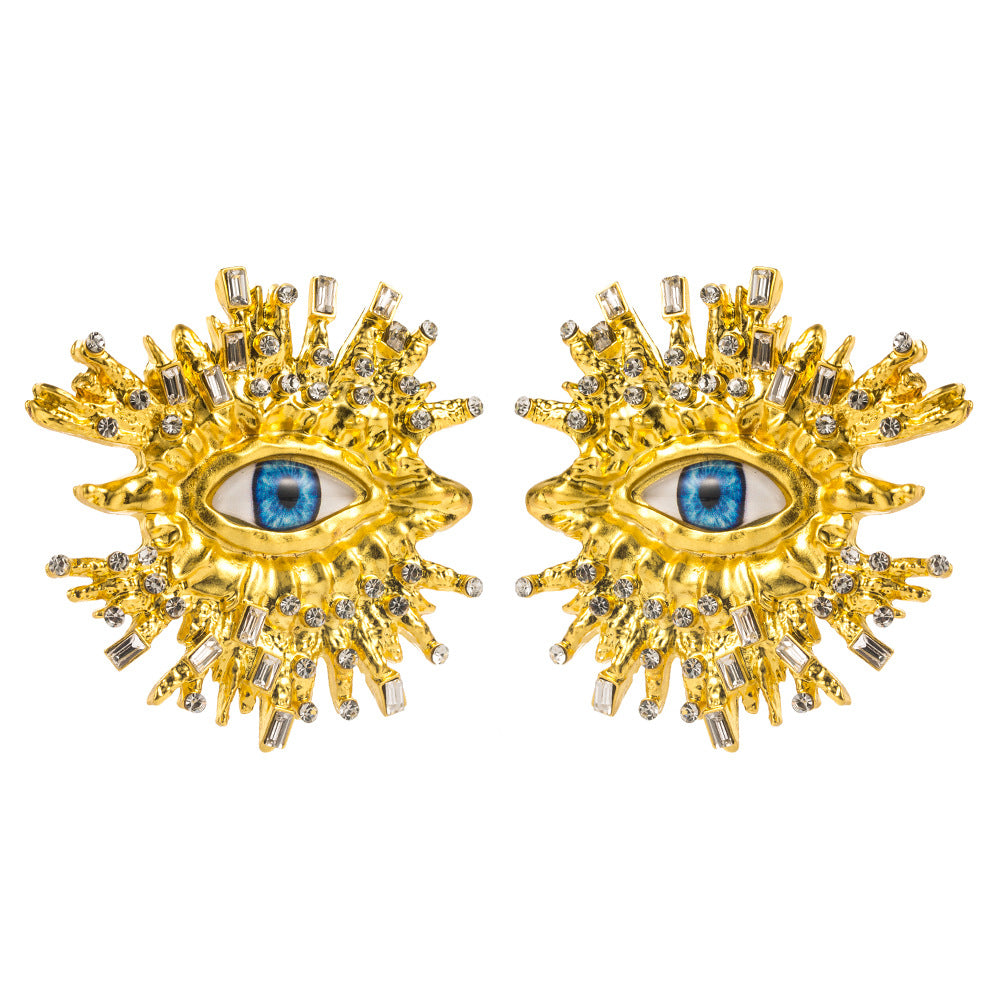 Beaten Finish Big Eyelash Evil Eye Baguette CZ Gold Stud Earring Bulk