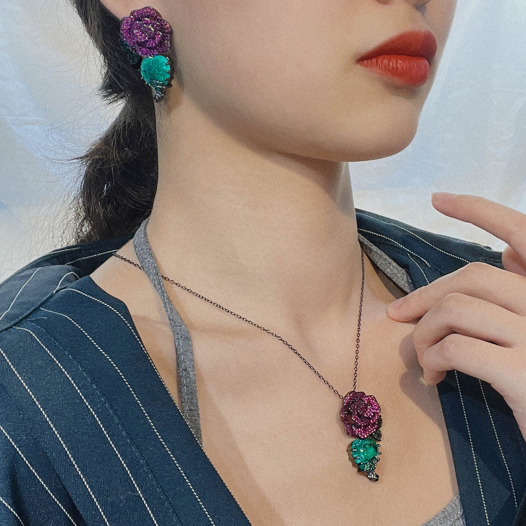 Flower Purple Green Black Anti Tarnish Necklace Chain Earring Set Bulk
