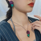 Flower Purple Green Black Anti Tarnish Necklace Chain Earring Set Bulk