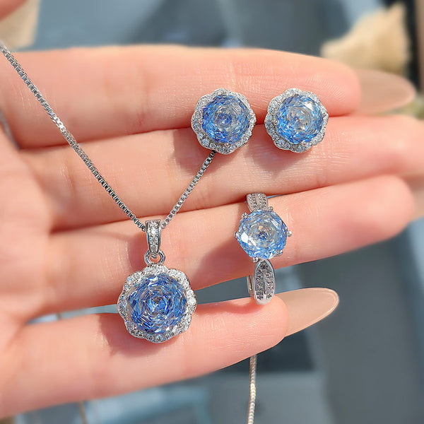 Flower Solitaire Blue Silver Anti Tarnish Pendant Ring Set Women Bulk Main image