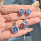 Flower Solitaire Blue Silver Anti Tarnish Pendant Ring Set Women Bulk