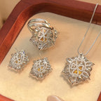 Flower Red Gemstone Silver CZ Necklace Earring Ring Set Bulk