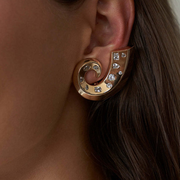 Elegant C-Curve Gold Plated CZ Stainless Steel Stud Earrings Wholesale Main image