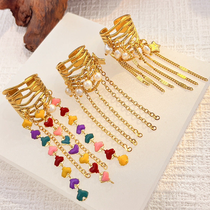 Multi Color Chain Tassel Statement Gold Copper Adjustable Ring Women Bulk