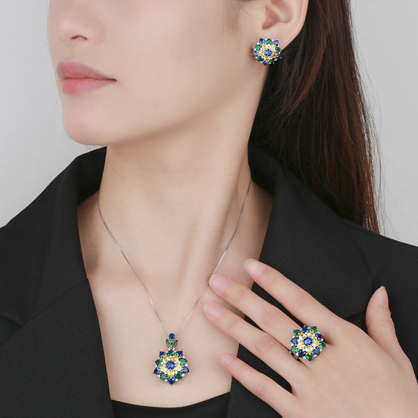Flower Multi Gemstone Silver CZ Necklace Earring Ring Set Bulk Secondary image